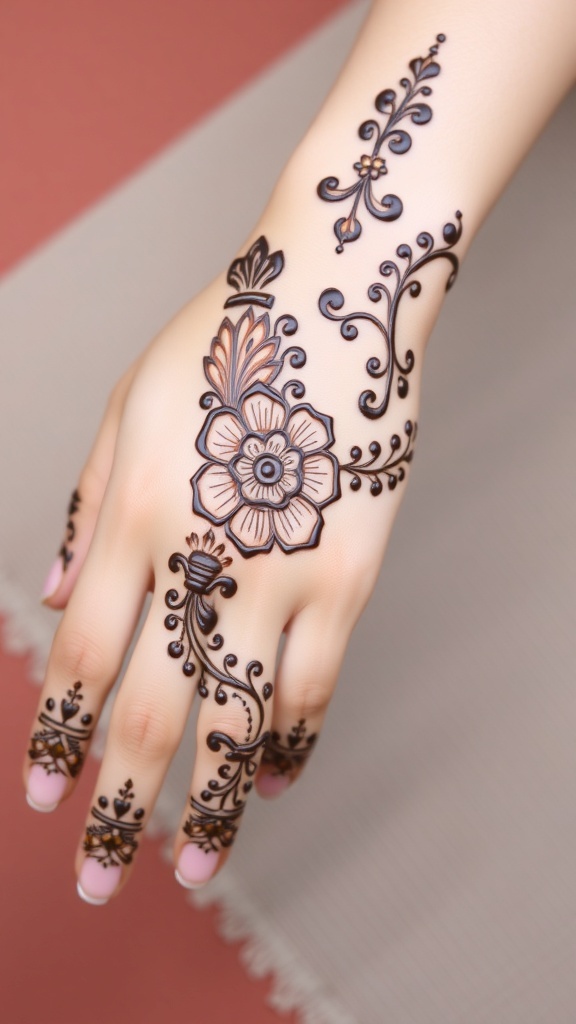 Elegant Duck Mehndi Design Elegant duck mehndi design on a hand with intricate patterns and floral details.